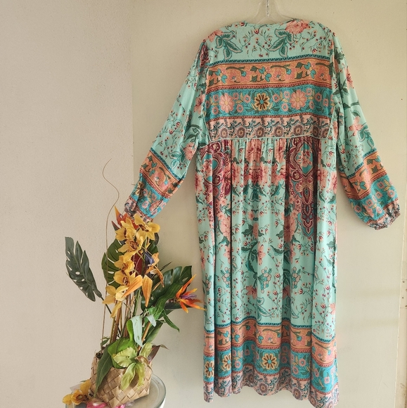 Floral Bohemian Midi Dress - Teal and Red - Picture 3 of 15